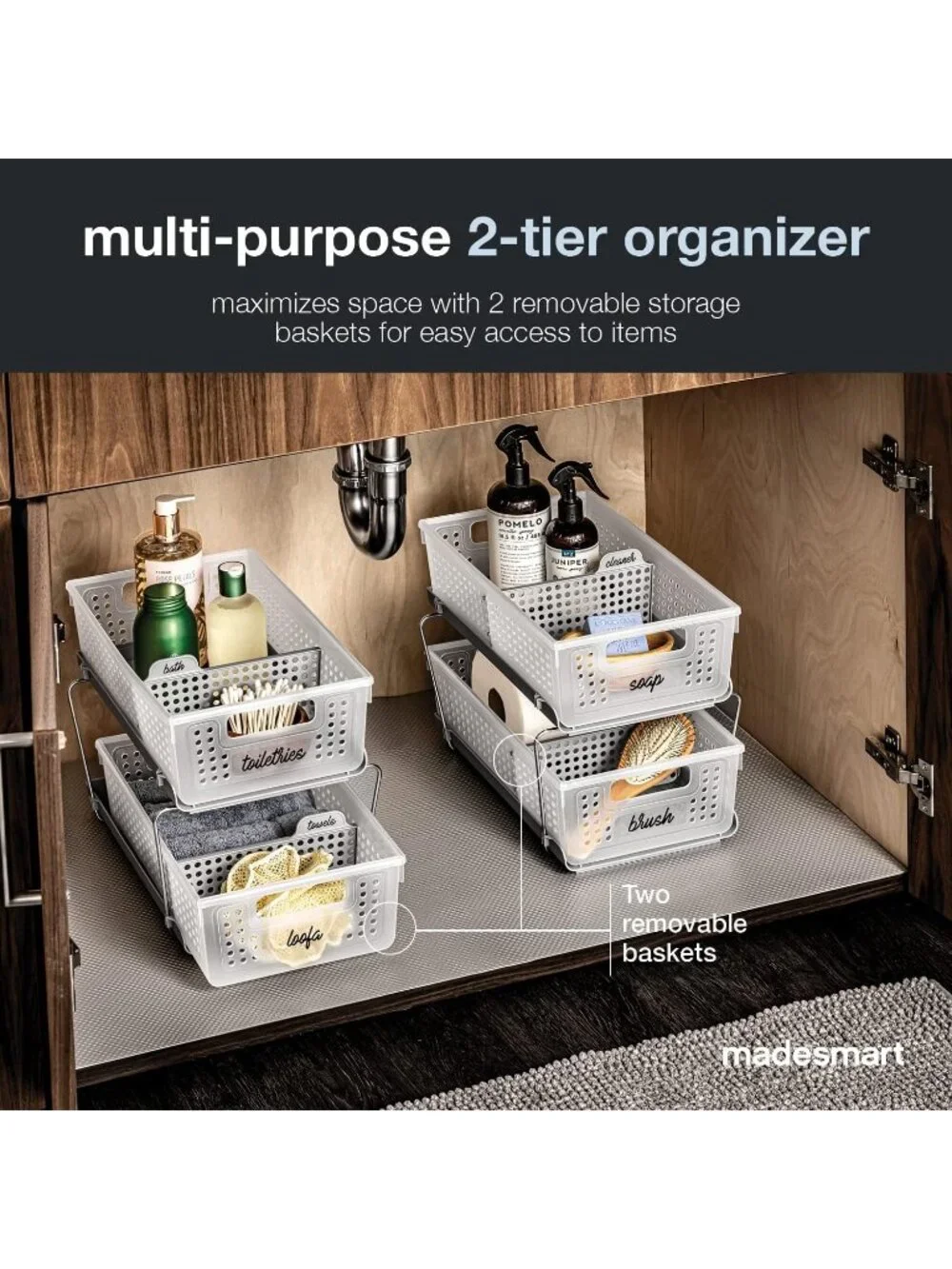 New 2 Tier Under Sink Bath Organizer Pull-Out Baskets Adjustable Dividers